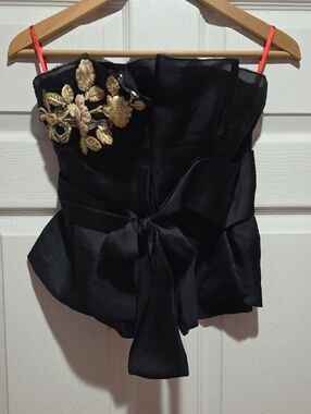 Christian Lacroix Sz 38 Black Strapless Peplum Top with Gold Floral Embroidery
